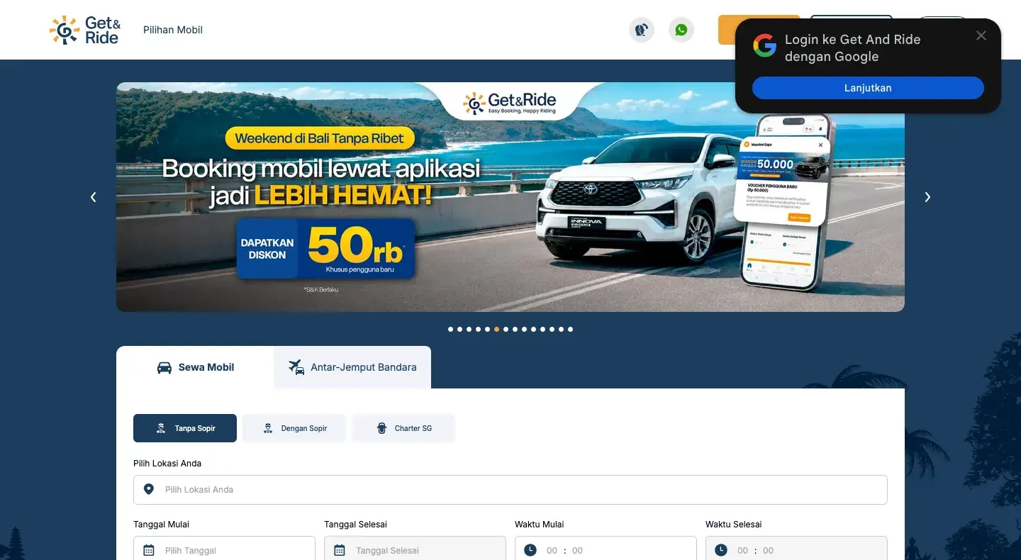 Get & Ride homepage with car rental search and vehicle options